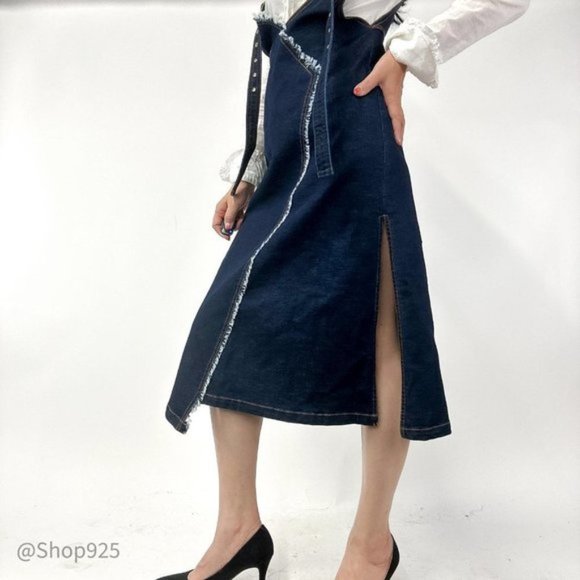 Denim Overalls Midi  Dress With Slit - Picture 3 of 6